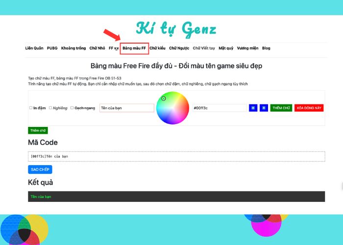 Bước 1 trong cách sử dụng bảng màu Free Fire tại Kí Tự Genz