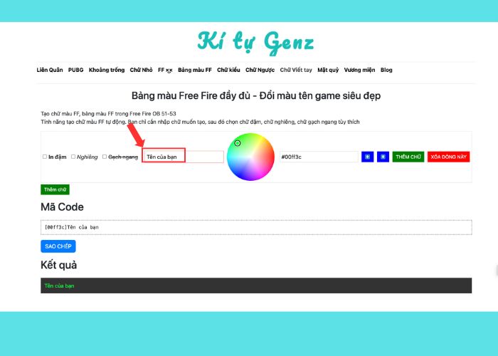 Bước 2: trong cách sử dụng bảng màu Free Fire tại Kí Tự Genz