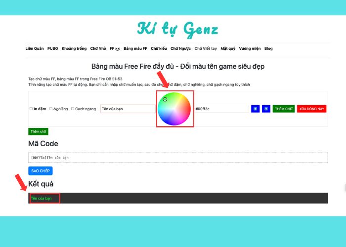 Bước 3 trong cách sử dụng bảng màu Free Fire tại Kí Tự Genz