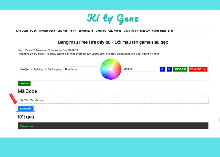Bước 4 trong cách sử dụng bảng màu Free Fire tại Kí Tự Genz
